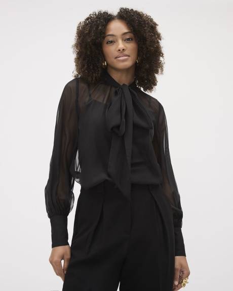 Blouse à Manches Longues Bouffantes à Col Montant avec Ruban à l'Encolure