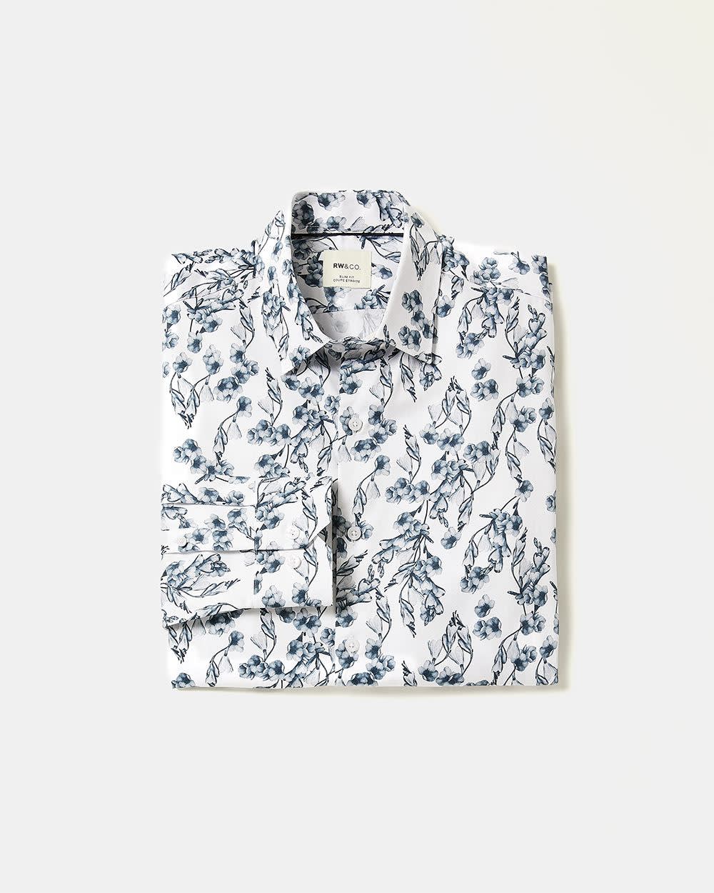 Slim-Fit White Dress Shirt with Floral Pattern