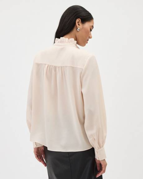 Blouse Boutonnée à Manches Longues et Col Montant à Volants