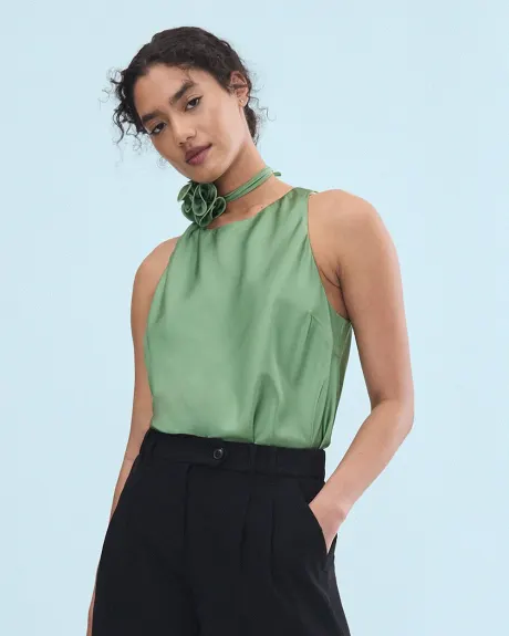 Green Sleeveless Crew-Neck Satin Blouse with Flower Neck Band