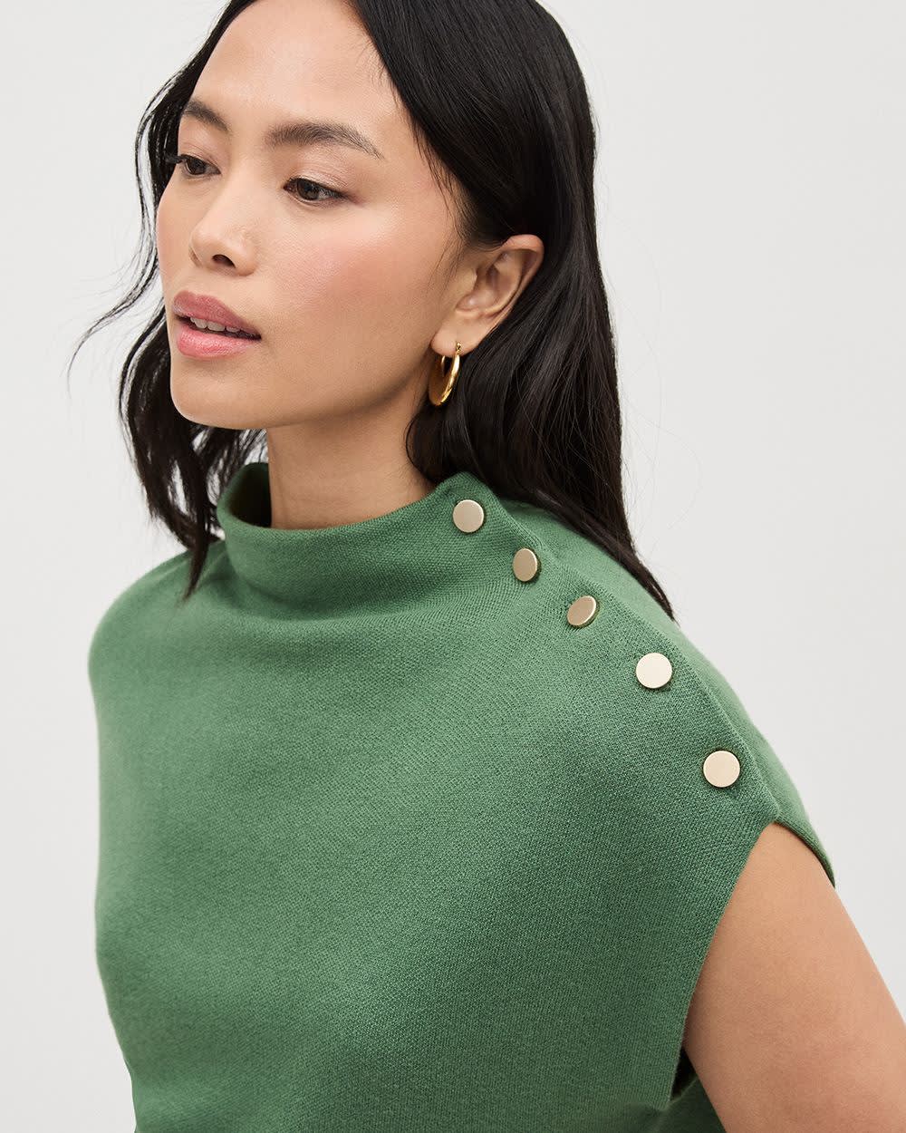 Sleeveless Mock-Neck Sweater with Buttons at Shoulder