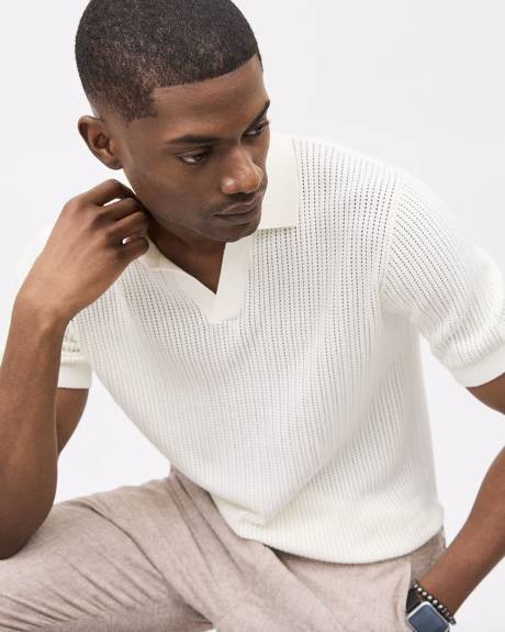 Short-Sleeve Cotton Polo Sweater with Johnny Collar