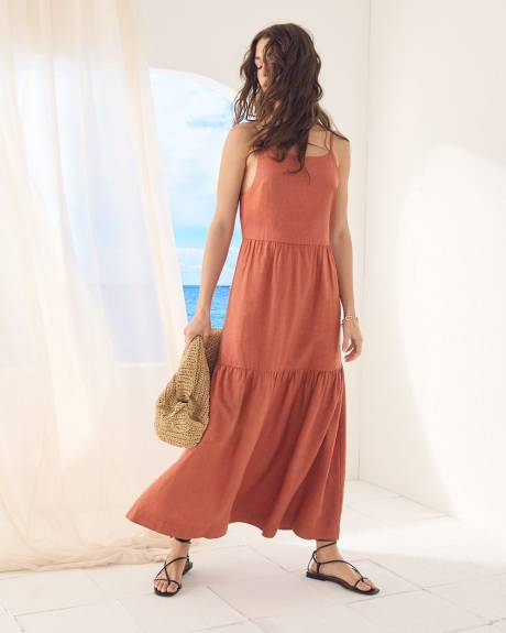 Sleeveless Square-Neck Linen-Blend Straight Maxi Dress