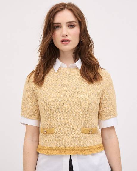 Short-Sleeve Crew-Neck Cotton Sweater