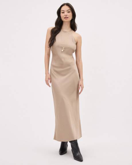 Solid Sleeveless Halter-Neck Midi Cocktail Dress