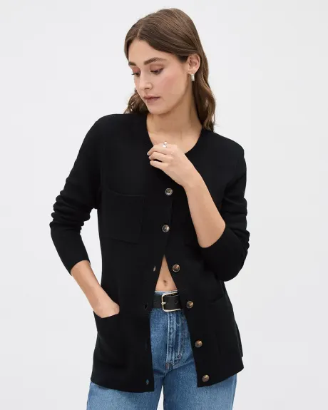 Long Buttoned-Down Cardigan with Pockets