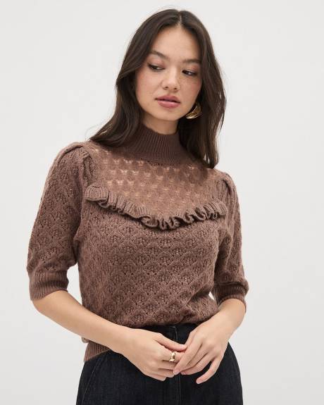 Elbow-Sleeve Mock-Neck Pullover with Frilled Yoke