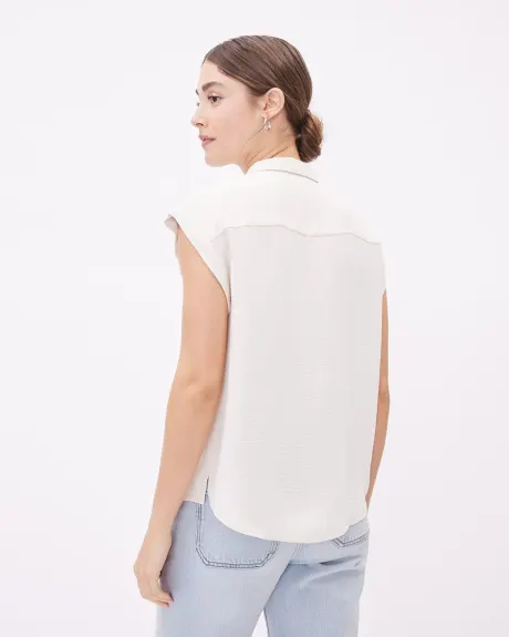 Blouse Boutonnée Fluide à Manches Très Courtes et Col Chemisier