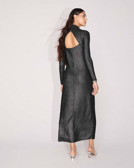 Long-Sleeve Mock-Neck Maxi Dress with Metallic Fibres