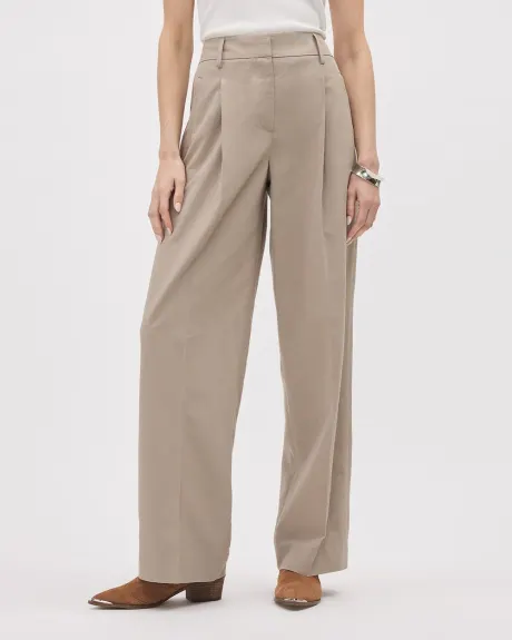 Pantalon Beige à Jambe Large et Taille Haute