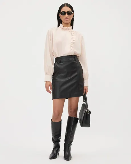 Long-Sleeve Mock-Neck Buttoned-Down Blouse with Ruffles