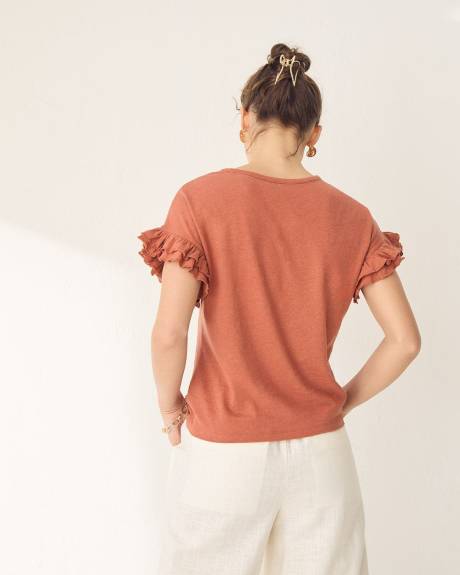 Extended-Sleeve Crew-Neck Top with Ruffles