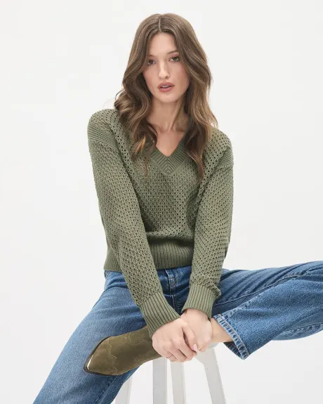 Long-Sleeve V-Neck Pullover with Open Stitches