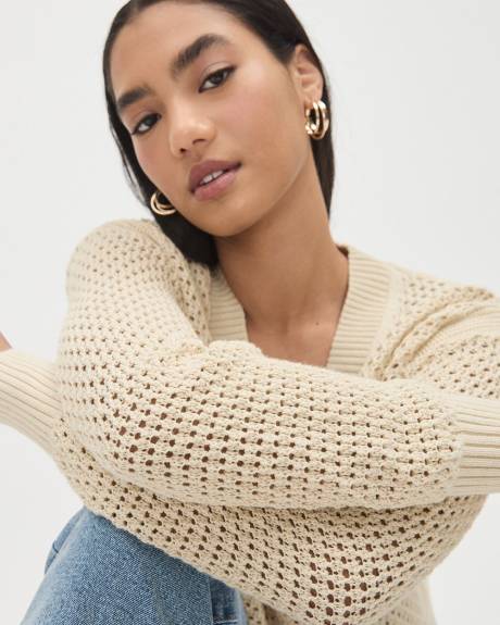 Long-Sleeve V-Neck Pullover with Open Stitches