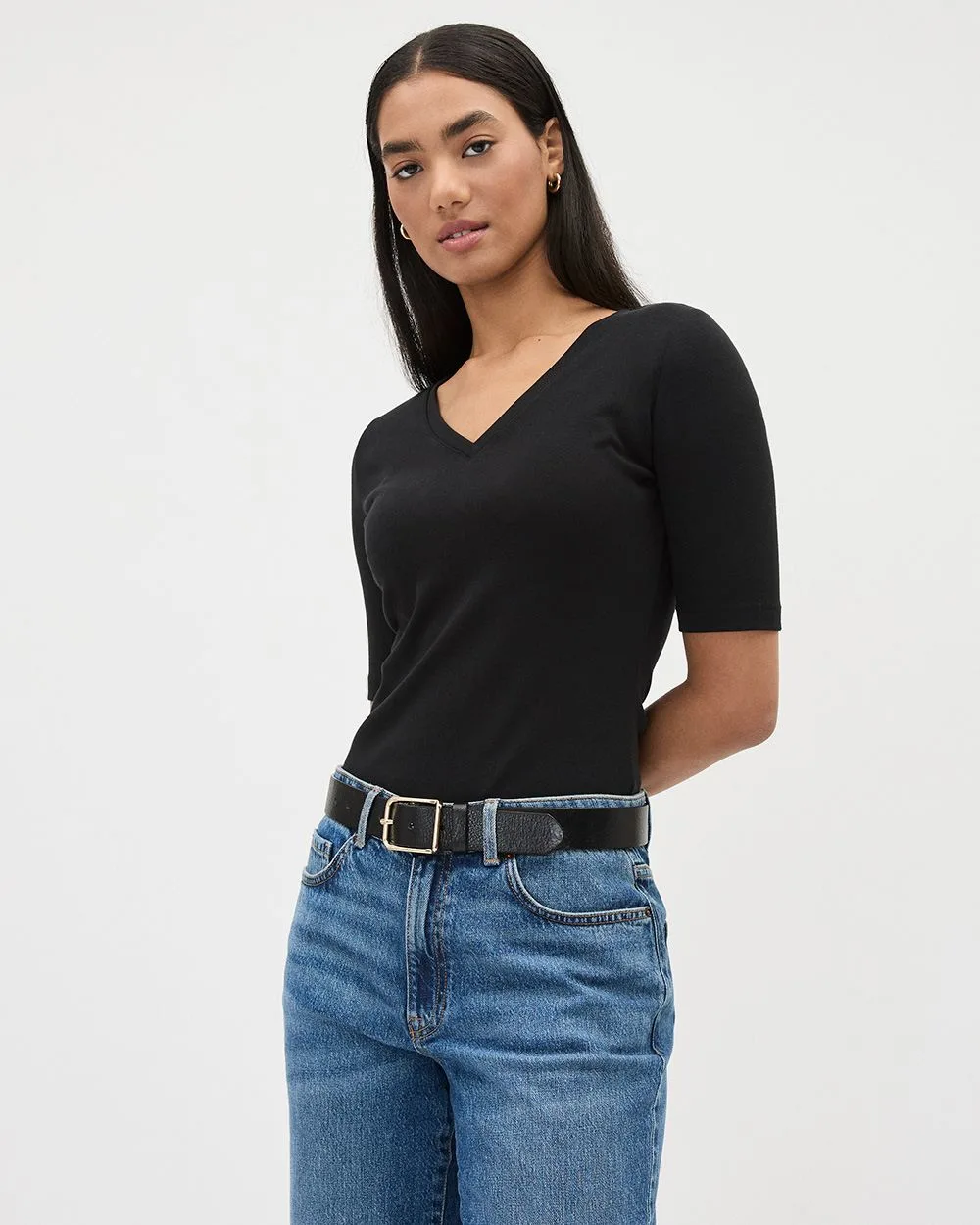 Elbow-Sleeve V-Neck Fitted Ribbed Tee