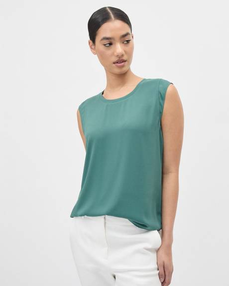 Solid Cap-Sleeve Crew-Neck Silky Crepe Blouse