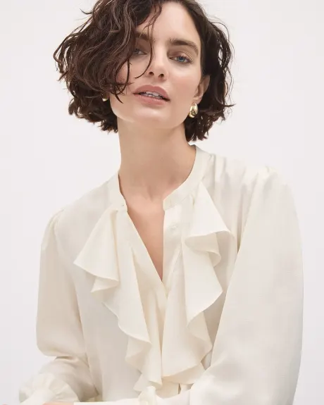 Blouse Boutonnée en Satin à Manches Longues et Jabot