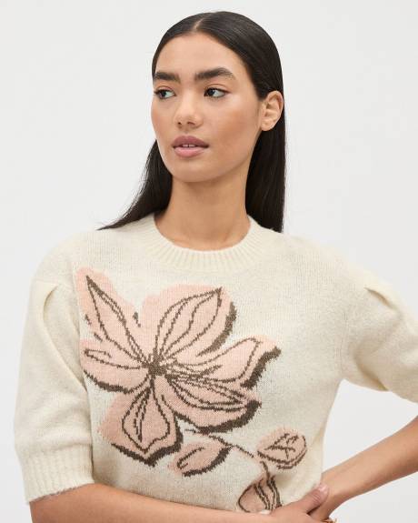 Elbow-Sleeve Crew-Neck Intarsia Sweater