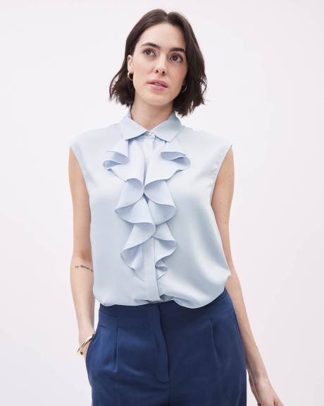 Sleeveless Buttoned-Down Blouse with Shirt Collar and Jabot