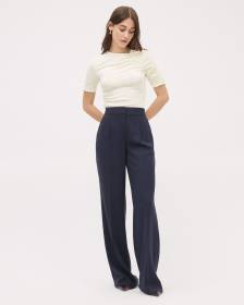 Pantalon Long en Crêpe à Jambe Large et Taille Haute