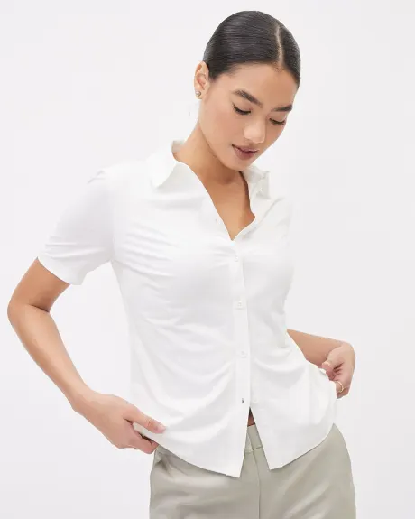 Buttoned-Down Short-Sleeve Top with Shirt Collar