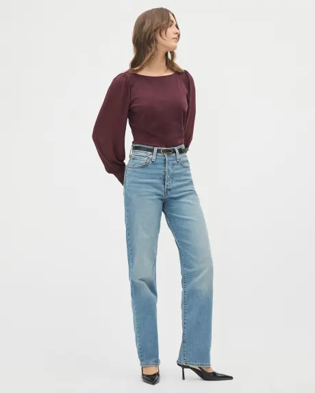 Mix-Media Boat-Neck Top with Long Puffy Sleeves