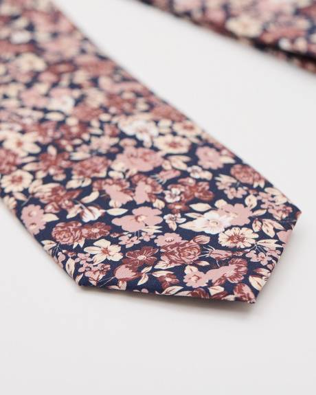 Navy Regular Tie with Pink Floral Pattern