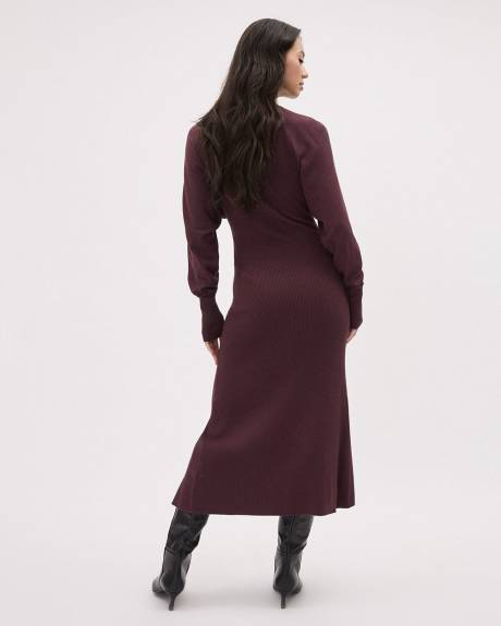 Long-Sleeve Mock-Neck Fitted Ribbed Midi Dress