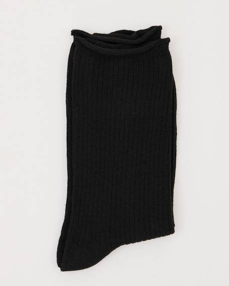 Dark Ribbed Crew Socks with Rolled Cuffs