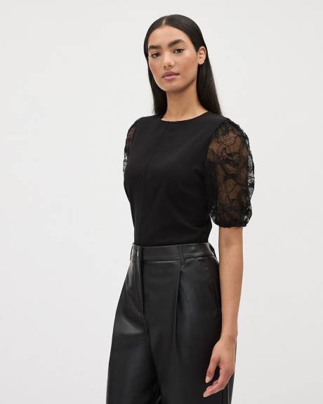 Crew-Neck Top with Lace Short Puffy Sleeves