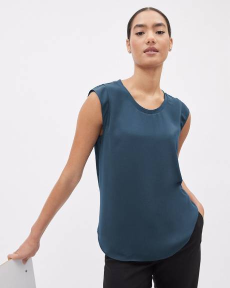 Solid Cap-Sleeve Crew-Neck Silky Crepe Blouse