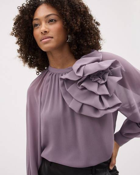 Long-Puffy-Sleeve Mock-Neck Blouse with Bold Flower