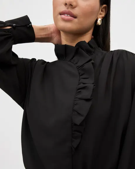 Long-Sleeve Mock-Neck Buttoned-Down Blouse with Ruffles