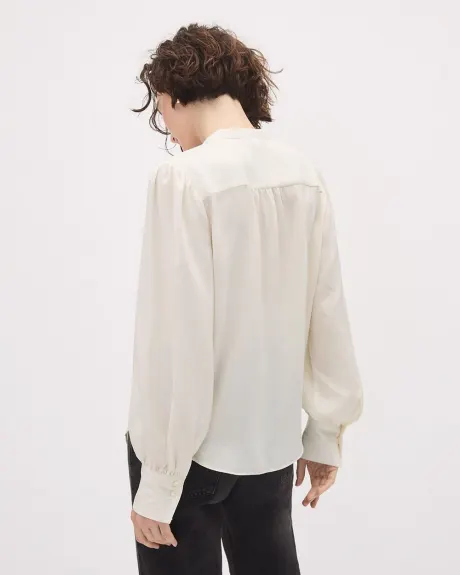 Long-Sleeve Buttoned-Down Satin Blouse with Jabot