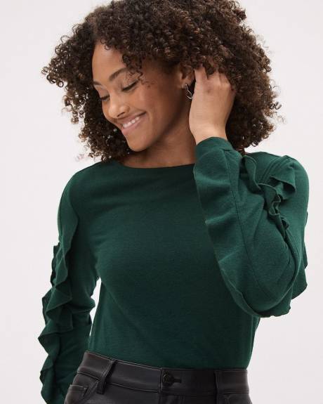 Long-Sleeve Boat-Neck Top with Ruffles