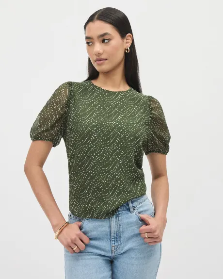 Cropped Crinkle Chiffon Blouse with Short Puffy Sleeves