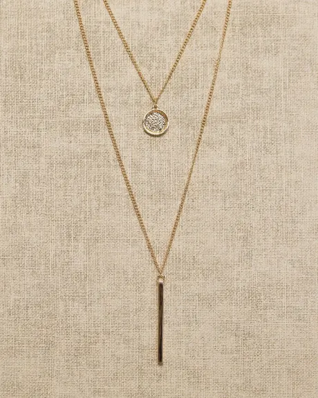 Double-Chain Necklace with Disc and Stick Pendants