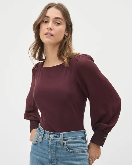 Mix-Media Boat-Neck Top with Long Puffy Sleeves