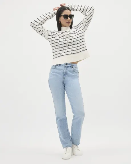 Cropped Boxy Mock-Neck Sweater with Cable Stitches