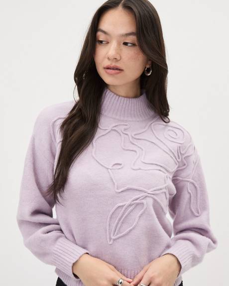 Long-Sleeve Turtle-Neck Pullover with Flower Embroidery