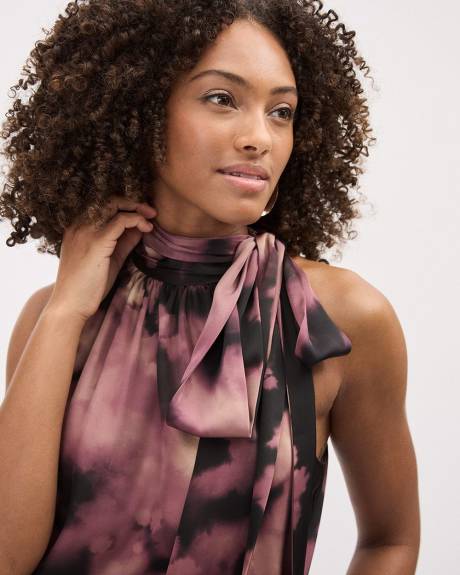 Sleeveless Halter-Neck Satin Blouse with Self-Tie