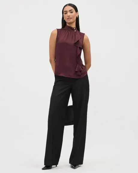 Sleeveless Mock-Neck Mix-Media Blouse with Ruffles