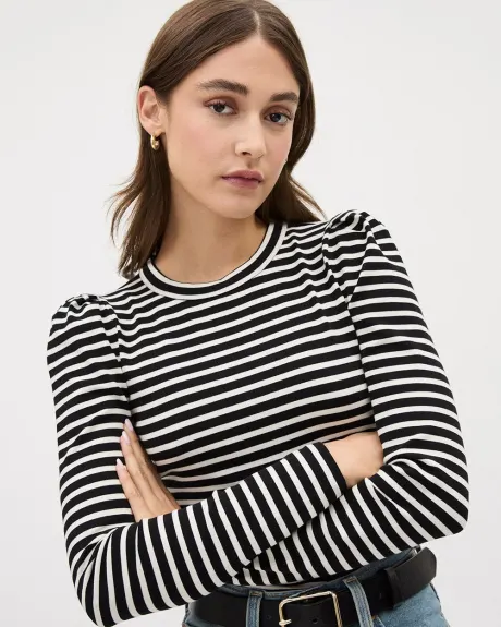 Long-Sleeve Crew-Neck Ribbed Top with Stripes