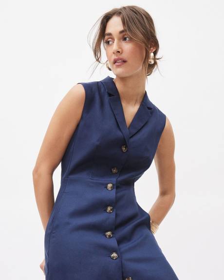 Robe Boutonnée Sans Manches en Mélange de Lin à Col Tailleur