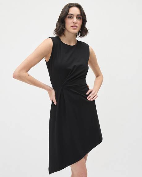 Short Sleeveless Asymmetrical Dress with Crew Neckline and Front Pleats