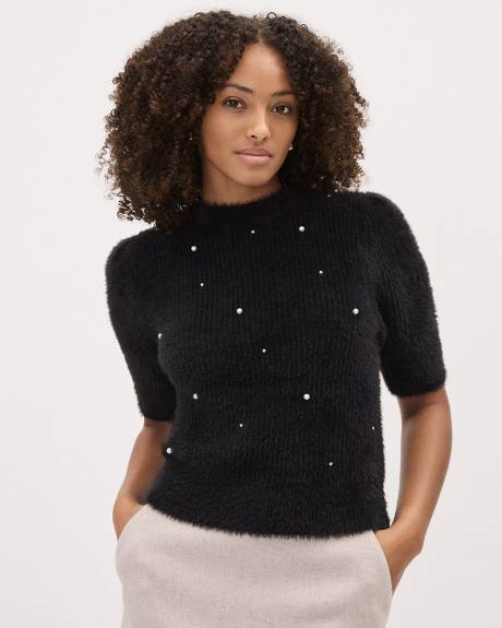 Pull à Col Montant et Manches aux Coudes en Tricot Pelucheux avec Perles