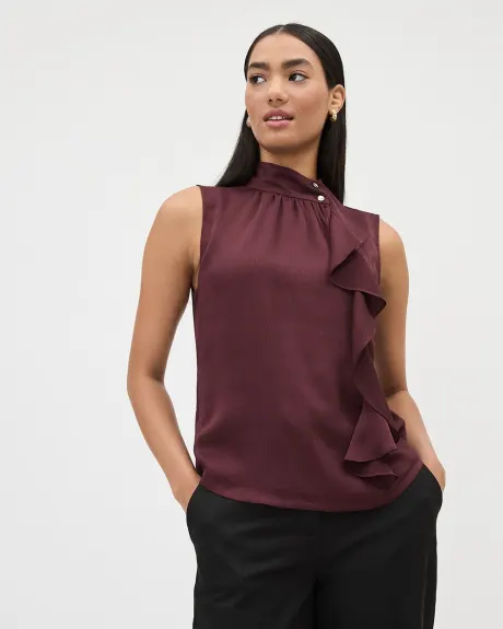 Sleeveless Mock-Neck Mix-Media Blouse with Ruffles