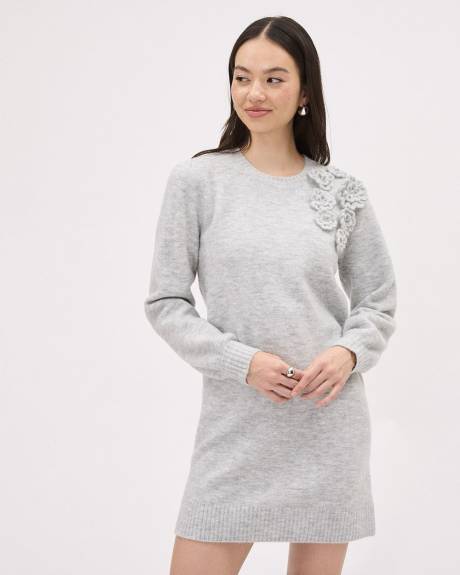 Long-Sleeve Crew-Neck Mini Dress with Flower Appliqué