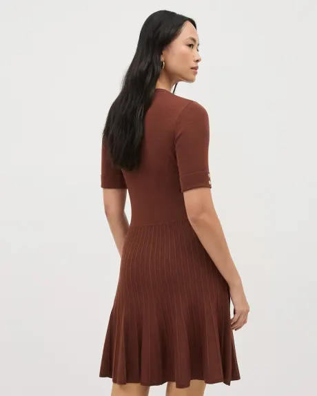 Elbow-Sleeve Fit and Flare Dress with Crew Neckline