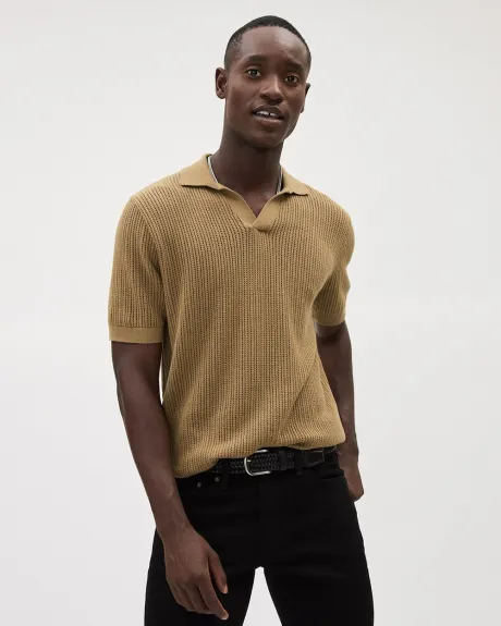 Short-Sleeve Cotton Polo Sweater with Johnny Collar